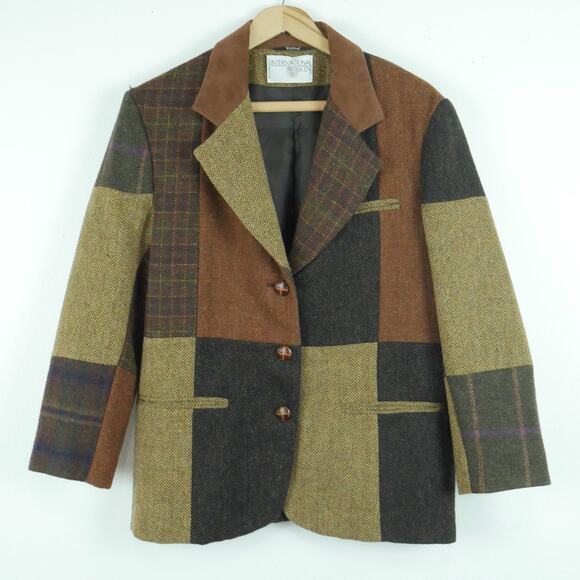 Vintage Jackets & Blazers - Vintage Size 6 Blazer Wool Tweed Patchwork 80s Old Money Academia Preppy 90s